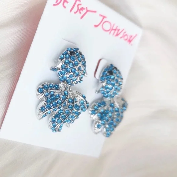 NWT Betsey Johnson Blue Crystal Fish Earrings - Picture 3 of 4